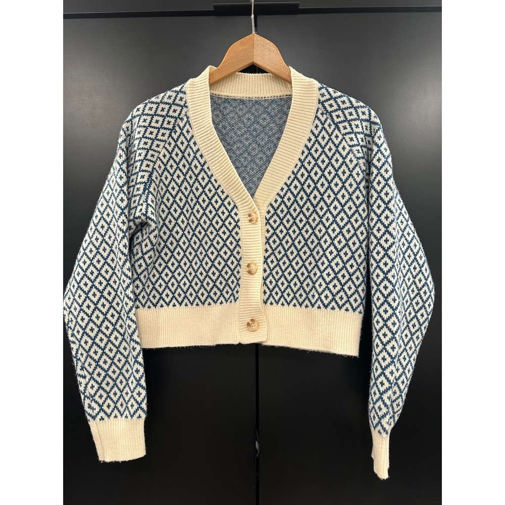 Cider Blue Cream Diamond Geometric Cropped Cardigan Sweater Small